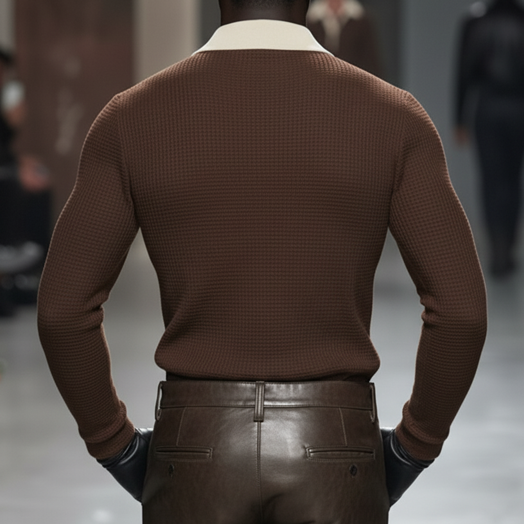 Men's Classic Casual Faux Suede And Waffle-knit Patchwork Slim-fit Long-sleeved Polo Shirt MTA0897L2K