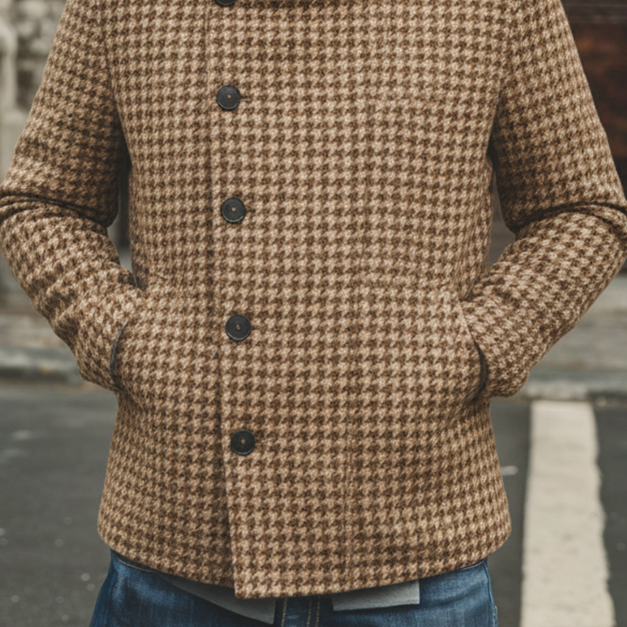 Men's Classic Retro Stand-up Collar Houndstooth Wool Jacket MTA2754K8K