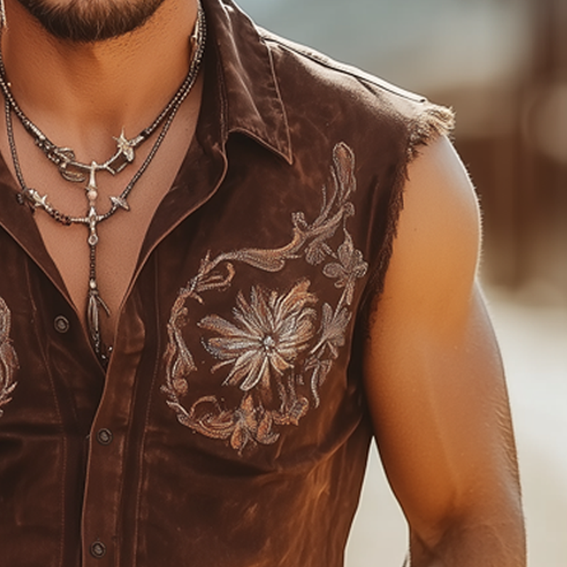 Men's Western Embroidered Denim Button Sleeveless Shirt MTA2327F3U
