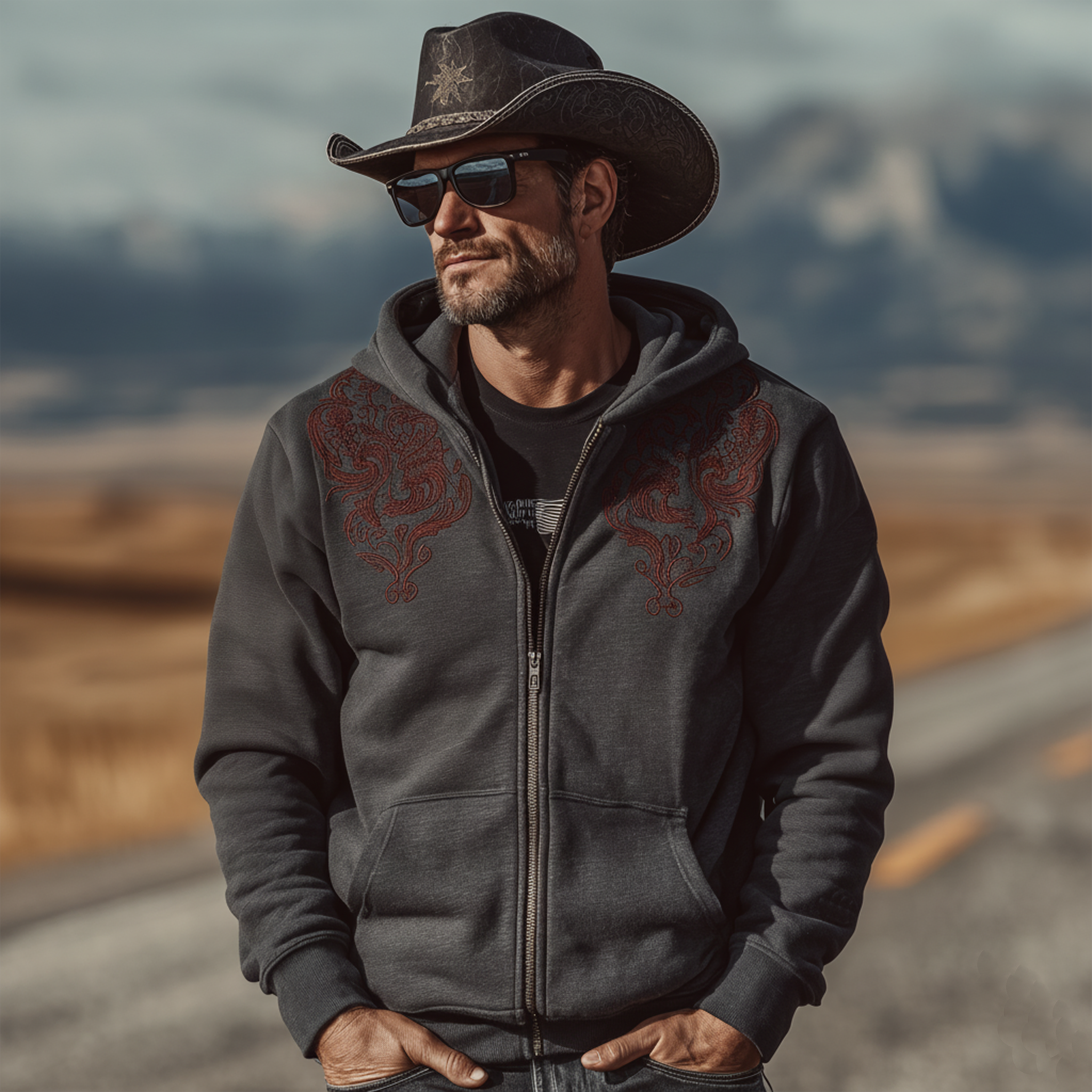 Men's Classic Retro Western Style Embroidered Air-layer Fabric Hooded Zip-up Jacket MTA0429L5K