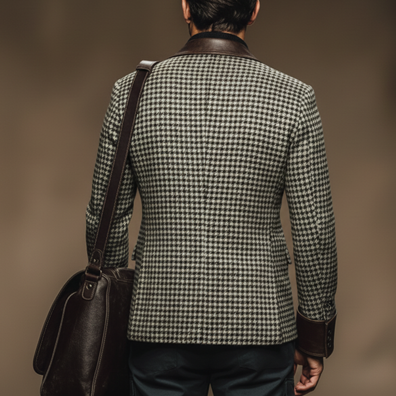 Men's Vintage Houndstooth Faux Wool And PU Leather Double-breasted Double-vented Blazer MTA2462J9U