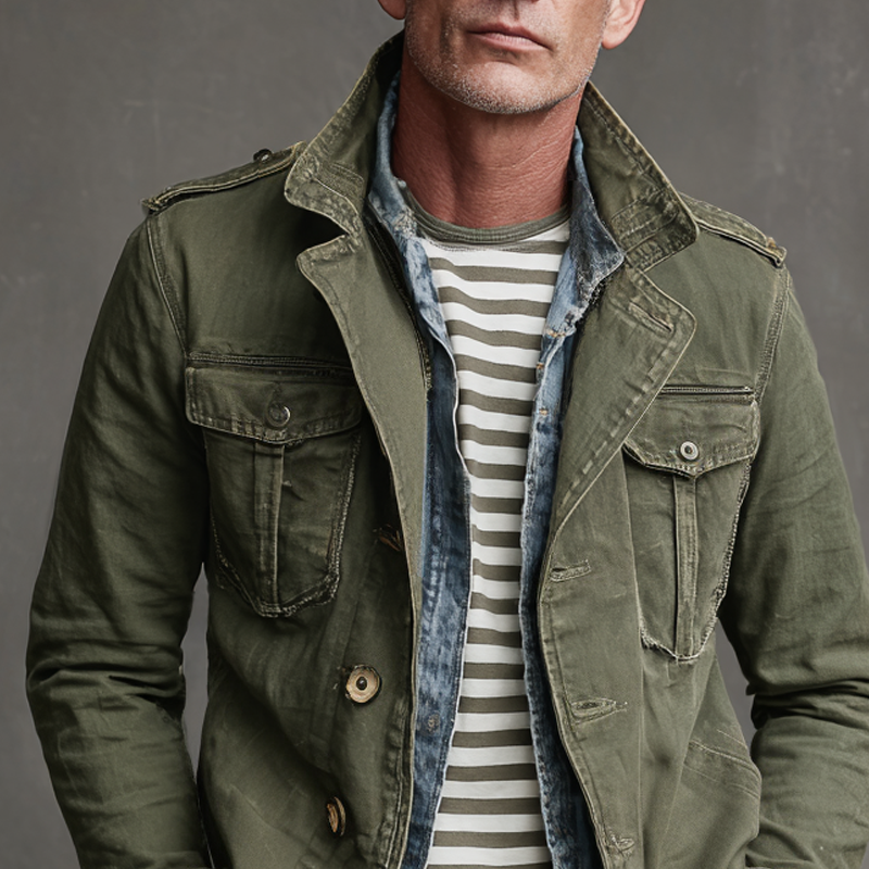 Men's Washed Distressed Military Style Lapel Multi-pocket Single Breasted Jacket MTA0569I9Z