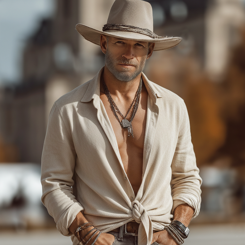 Men's Fashionable Apricot Faux Suede Tie-front Long-sleeved Shirt MTZ1224A6U