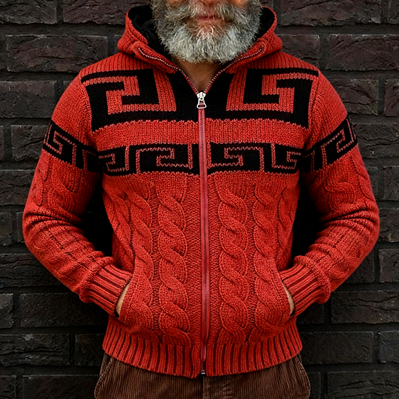Men's Vintage Casual Greek Key Knit Colorblock Zip Hooded Cardigan Jacket MTA1602J4TO