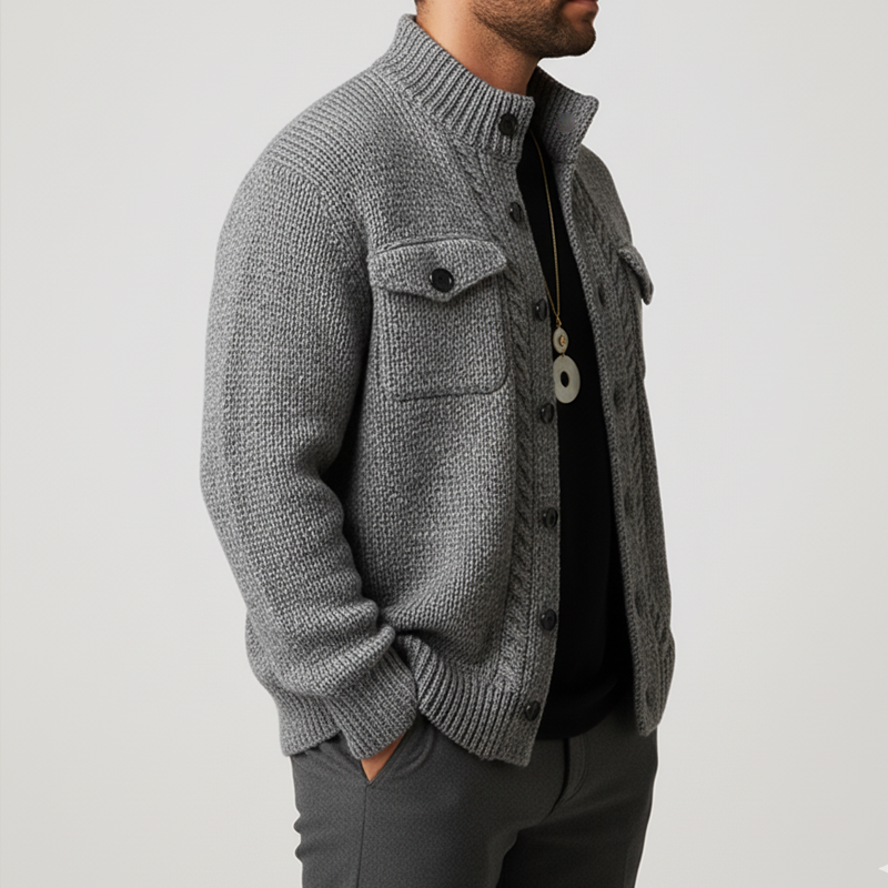 Men's Classic Gray Stand-collar Button-up Knit Cardigan MTA0508L9U
