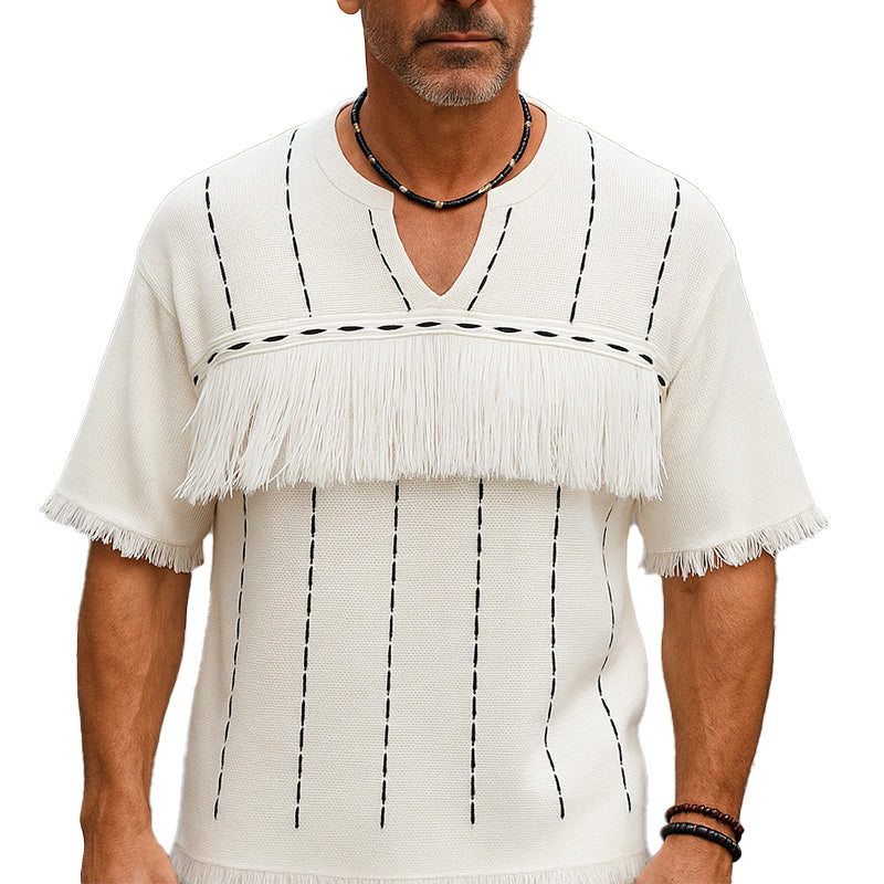 Men's Summer Breathable And Comfortable Knitted Jacquard Tassel Short-Sleeved T-Shirt MTA2345E7P