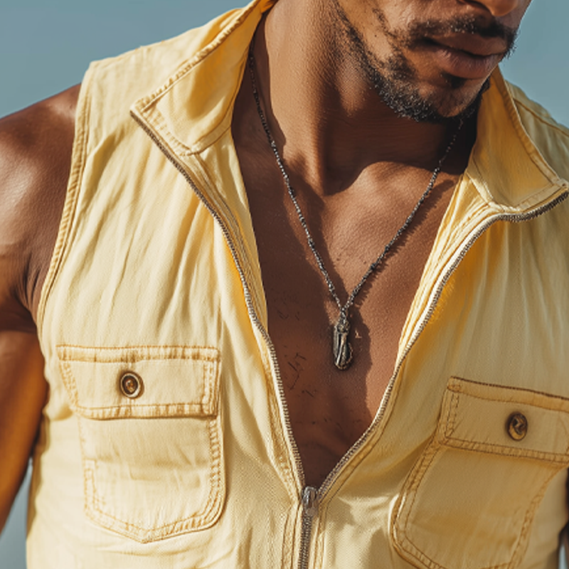 Men's Classic Solid Cotton Stand Collar Zipper Tank Top MTA1625G4U