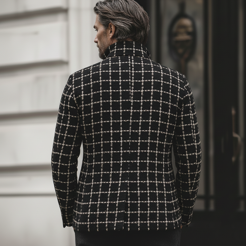 Men's Classic Tweed Plaid Patchwork PU Leather Stand-collar Jacket MTA2449K1U