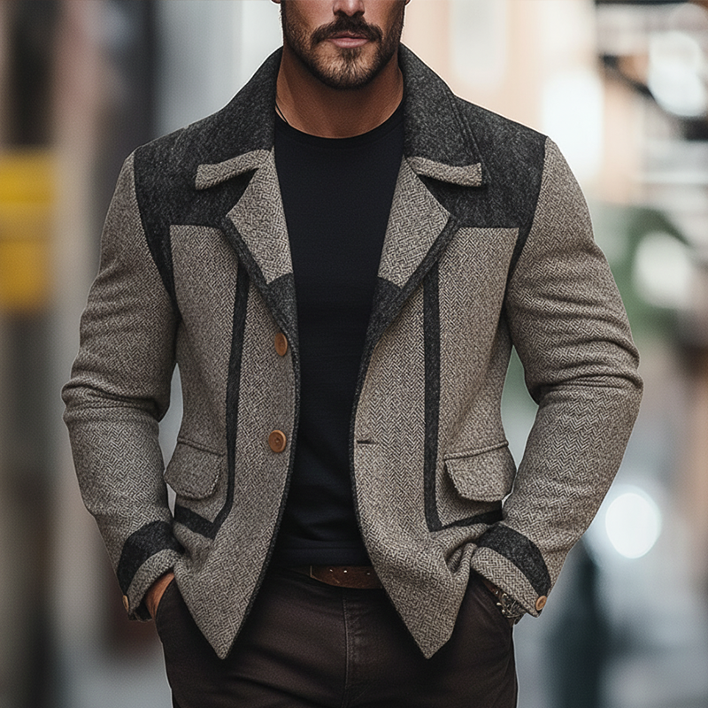 Men's Winter Vintage Herringbone Faux Wool Button-up Jacket MTA1649L9P