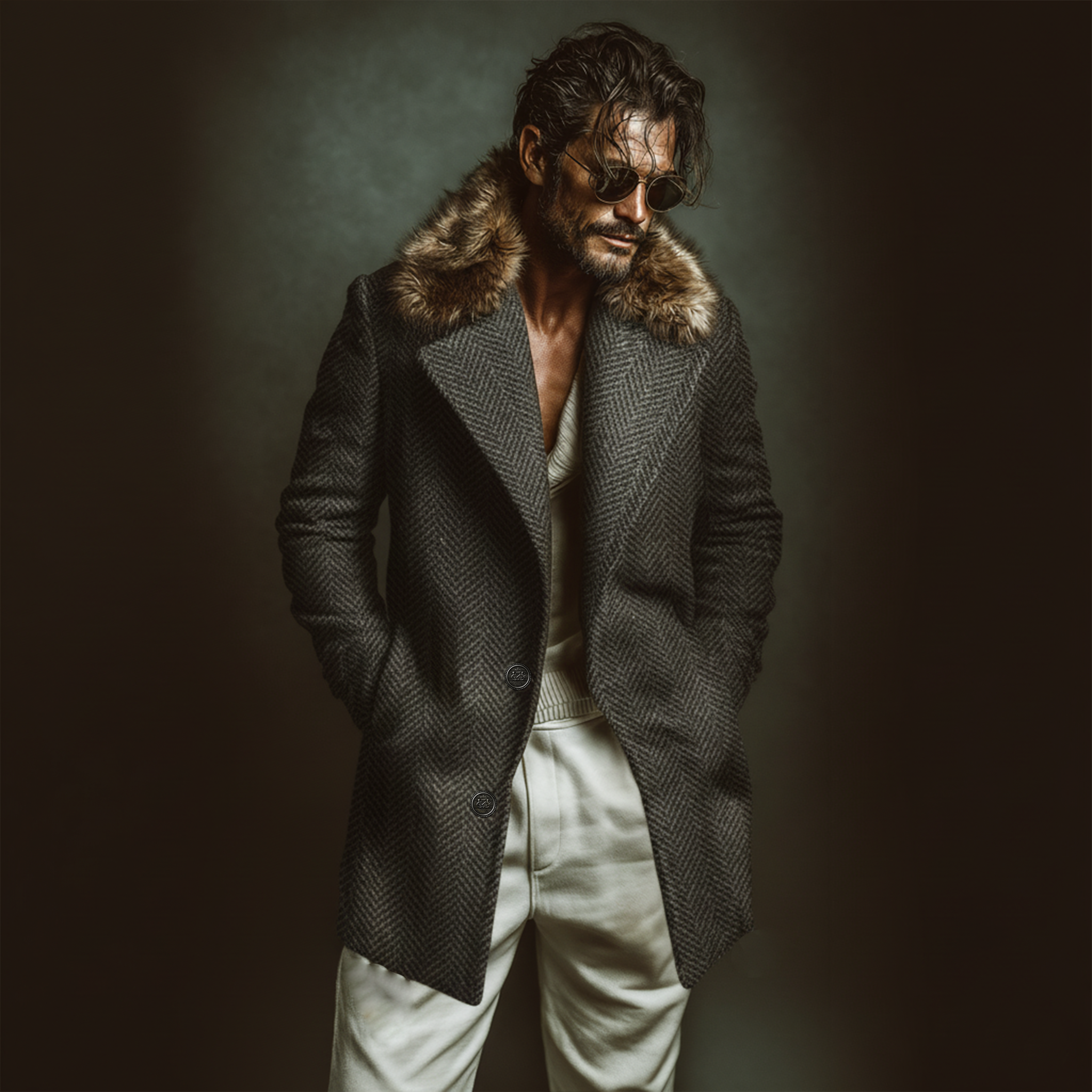 Men's Classic Casual Fur Collar Faux Herringbone Wool Single-breasted Coat MTA3010J1K