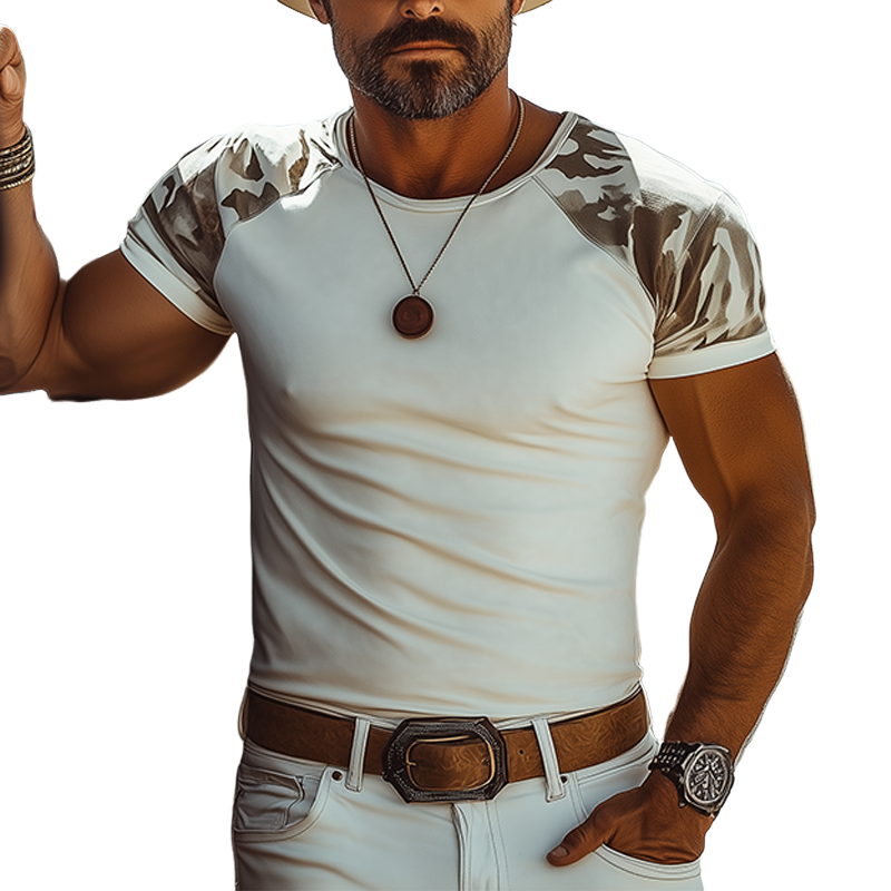 Men's Summer Fashion Casual American Western Tough Guy Style Camouflage Cotton Blended Splicing Suede Short-sleeved T-shirt MTA0659F3K