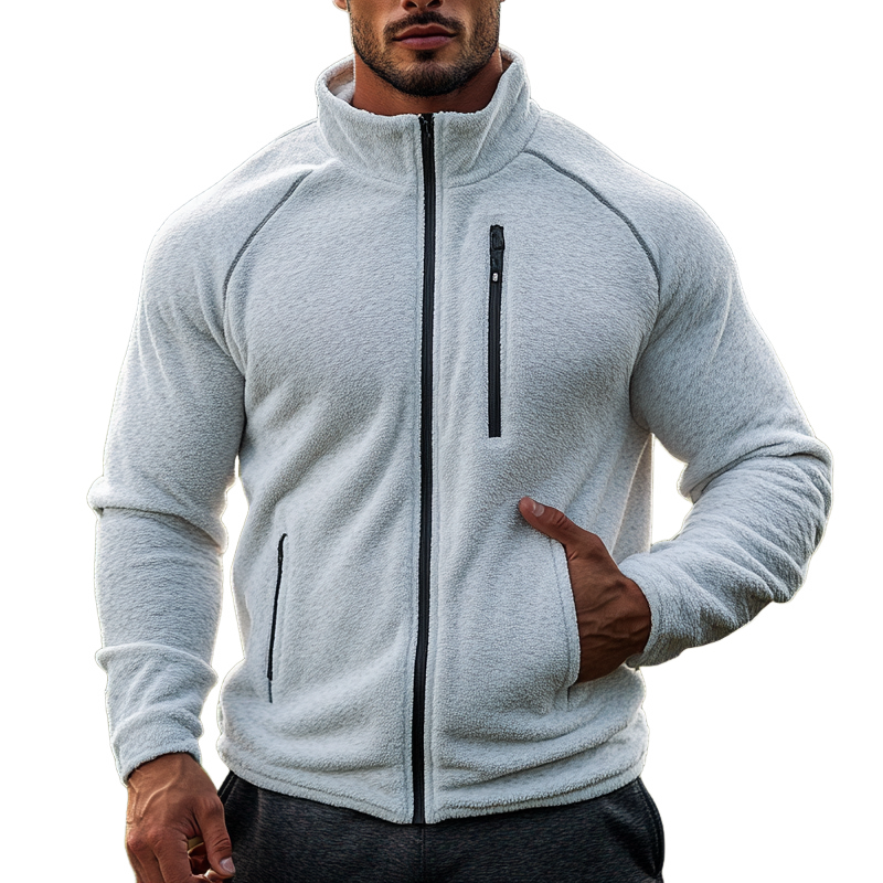 Men's Casual Sports Solid Color Polar Fleece Stand Collar Zipper Jacket MTA1365J3X