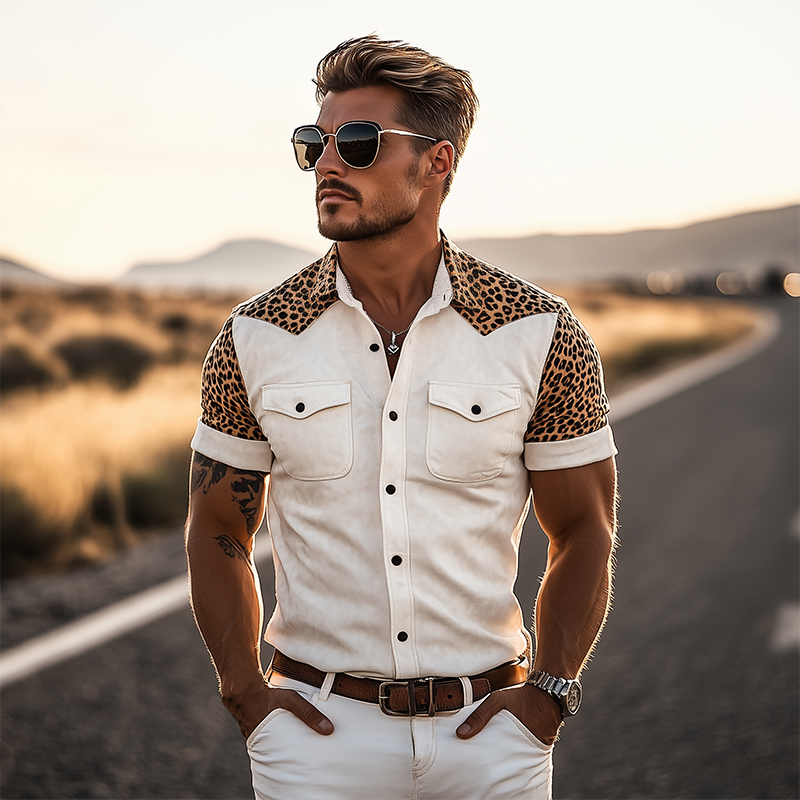 Herre klassisk retro fasjonabel western cowboy-stil semsket skinn med leopardmønster, kortermet skjorte MTA0859E8K