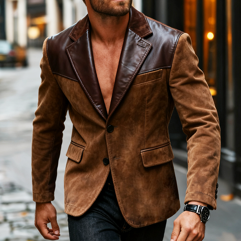 Men's Retro Casual Faux Suede Patchwork PU Blazer MTA0520K3TO