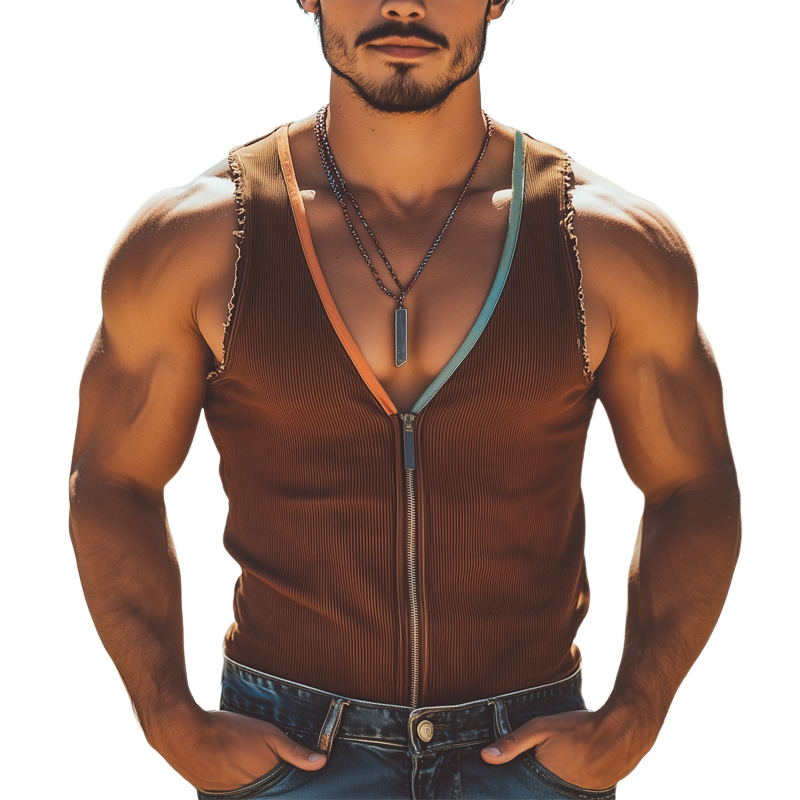 Men's Fashion Deep V Neck Knitted Raw Edge Zipper Tank Top MTA2347G2U