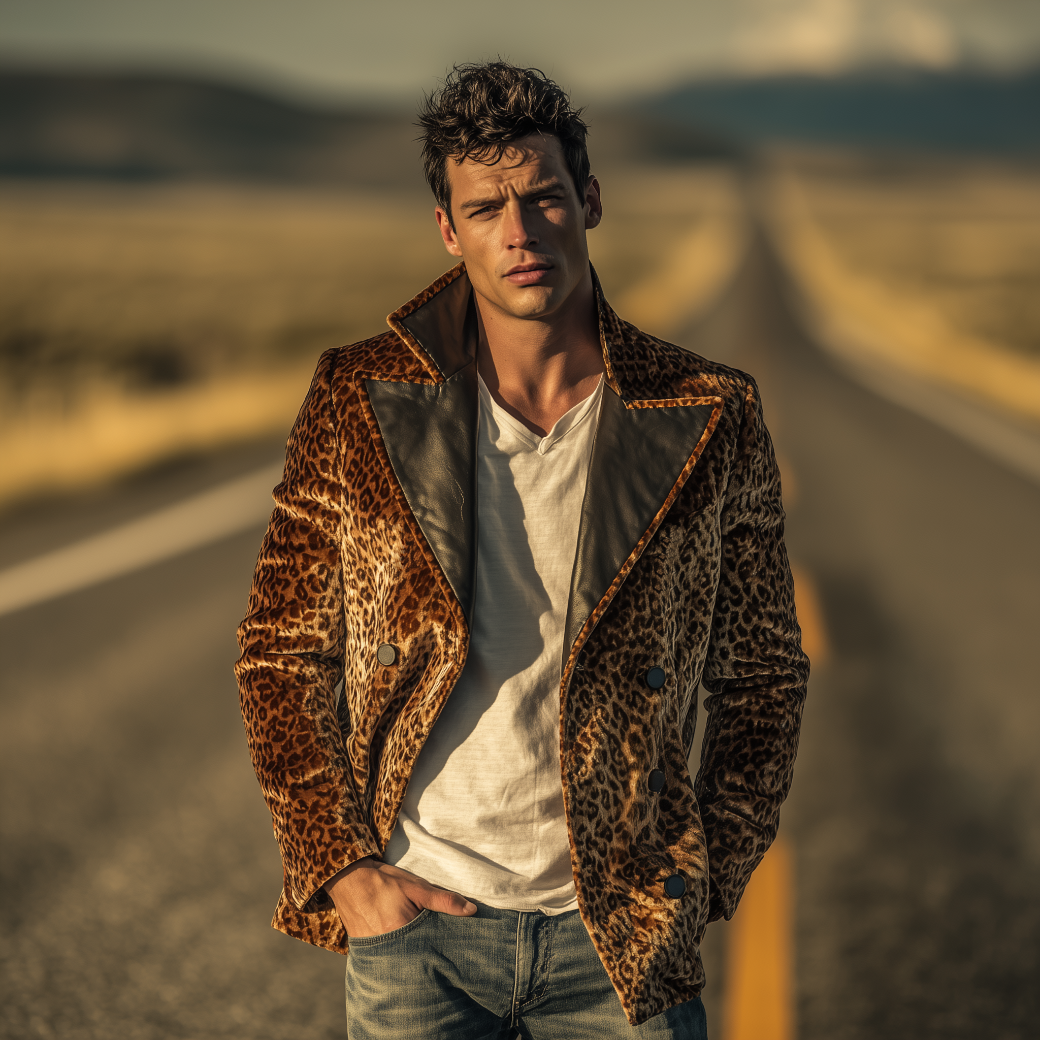 Men's Classic Vintage Pu Leather Lapel Double-breasted Velvet Leopard Print Jacket MTA0345I6K