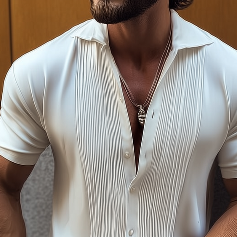 Men's Solid Color Chest Pleated Chiffon Lapel Short Sleeve Shirt MTA1528G2Z