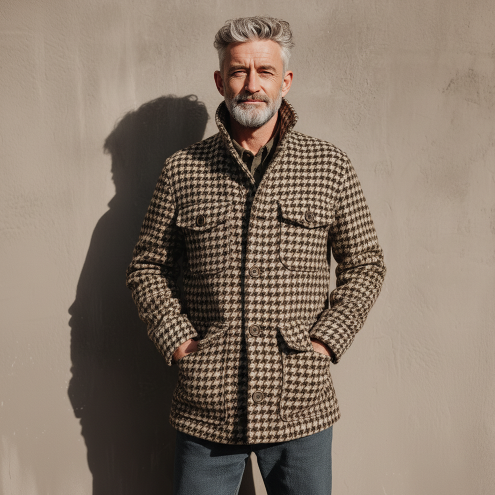 Men's Classic Retro Stand Collar Multi-pocket Faux Houndstooth Woolen Jacket MTA2964I6K