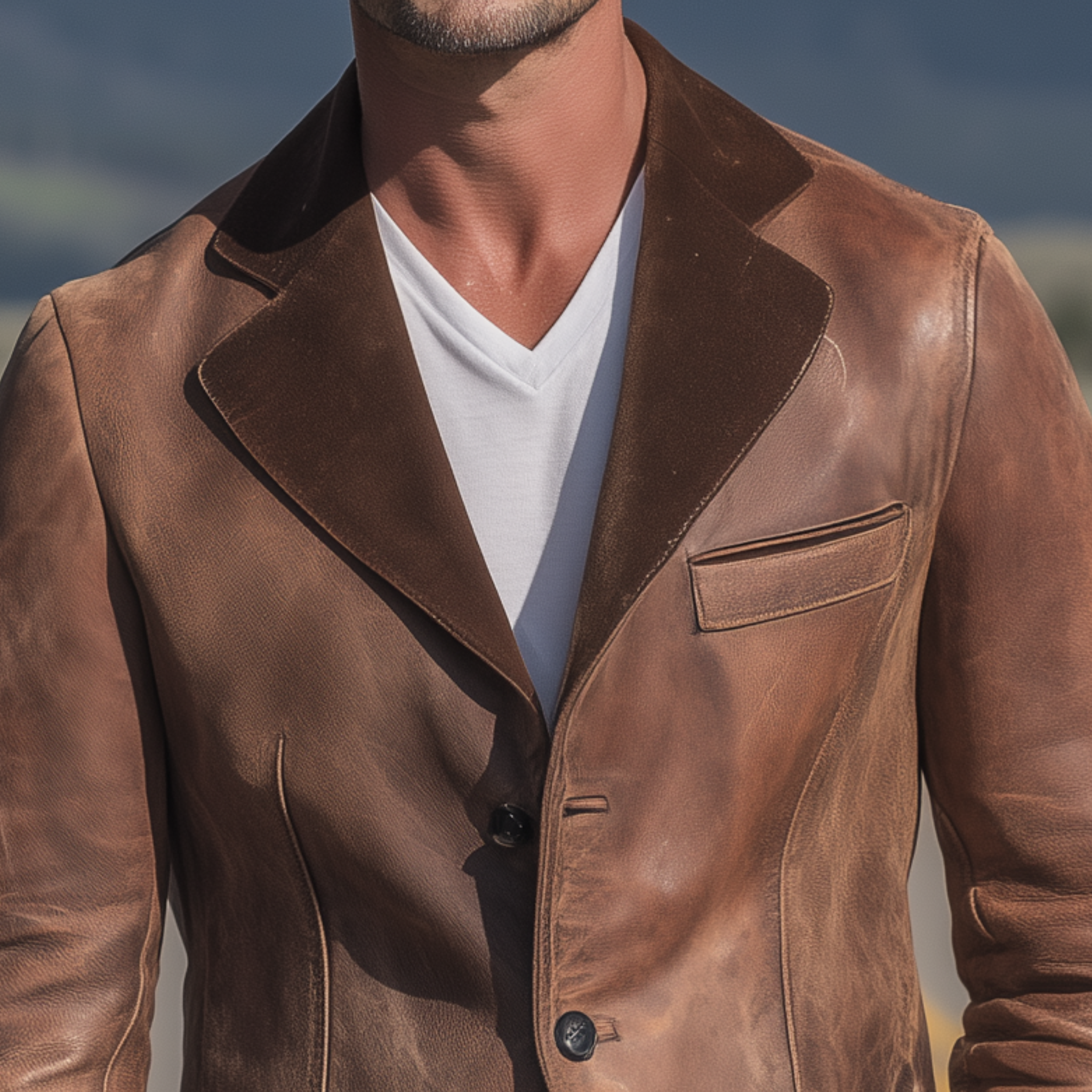 Men's Classic Retro Collar Splicing Suede And Distressed PU Leather Single-breasted Blazer MTA0714H0K
