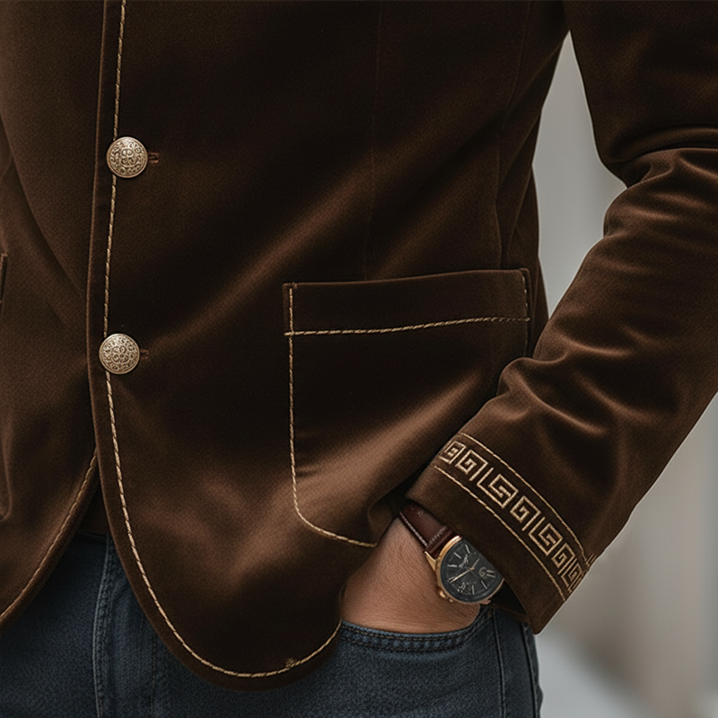 Men's Retro Embroidered Stand-up Collar Velvet Button Jacket MTA2334L6P