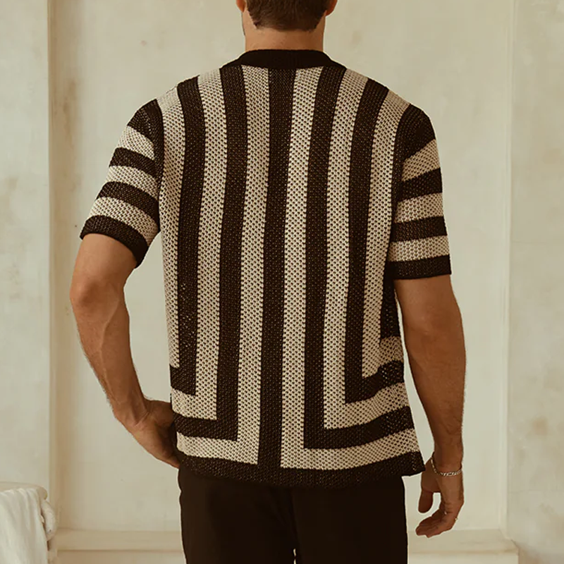 Men's Spring And Summer Fashion Casual Hollow Striped Knitted Short-sleeved Shirt MTA0466G0K