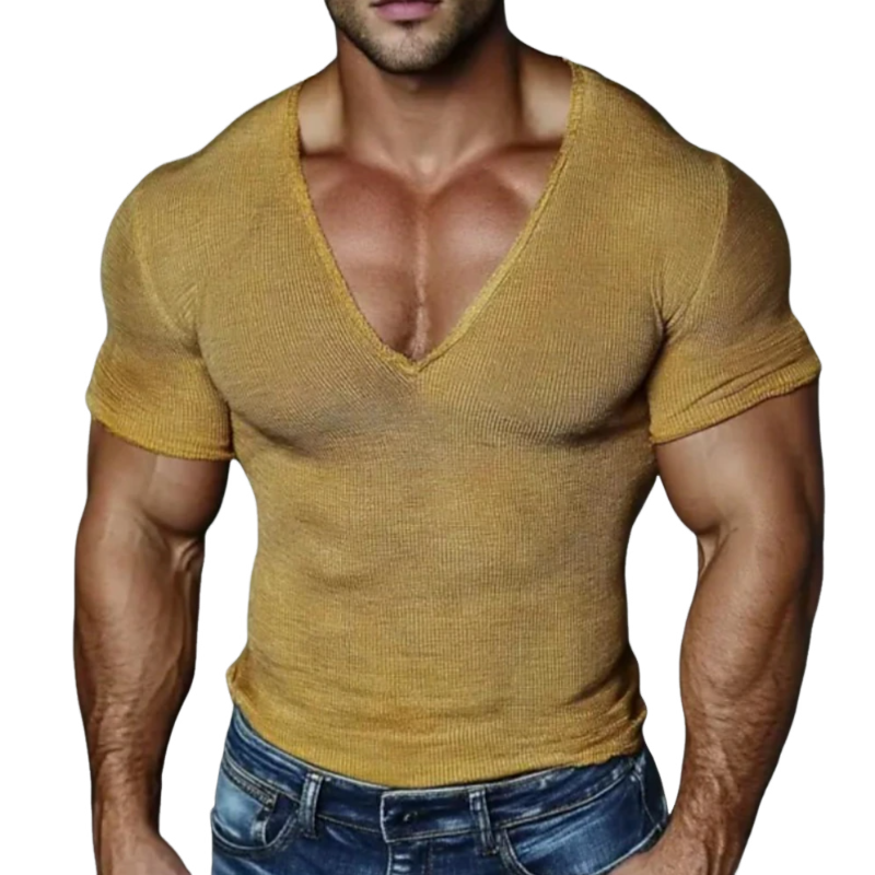 Men's Casual Cotton Blended Ribbed Deep V-Neck Slim Short Sleeve T-Shirt MTA1483E7M