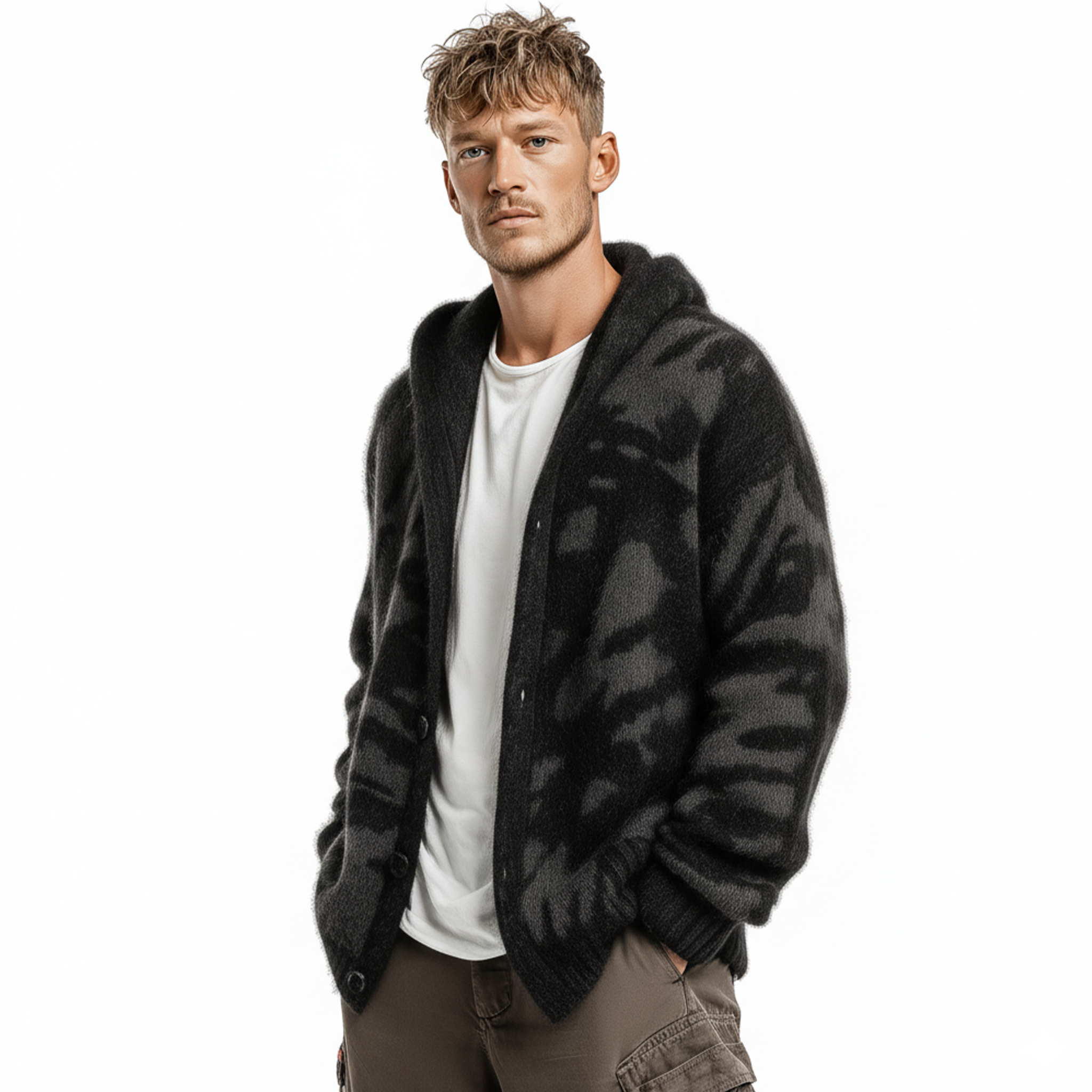 Men's Casual Fashionable Hooded Zebra Print Knitted Cardigan MTA1726J2K