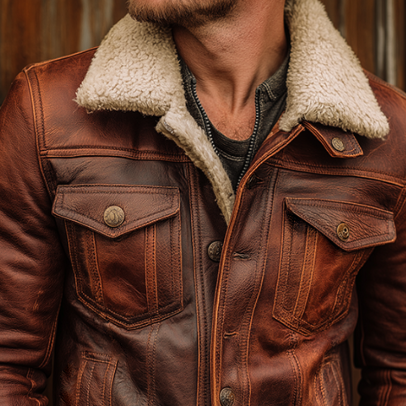 Men's Vintage Distressed Pu Plush Lapel Leather Jacket MTA0319I0TO