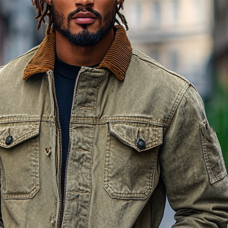 Men's Retro Western Cowboy Style Spliced Lapel Corduroy Denim Jacket MTA3051I0X