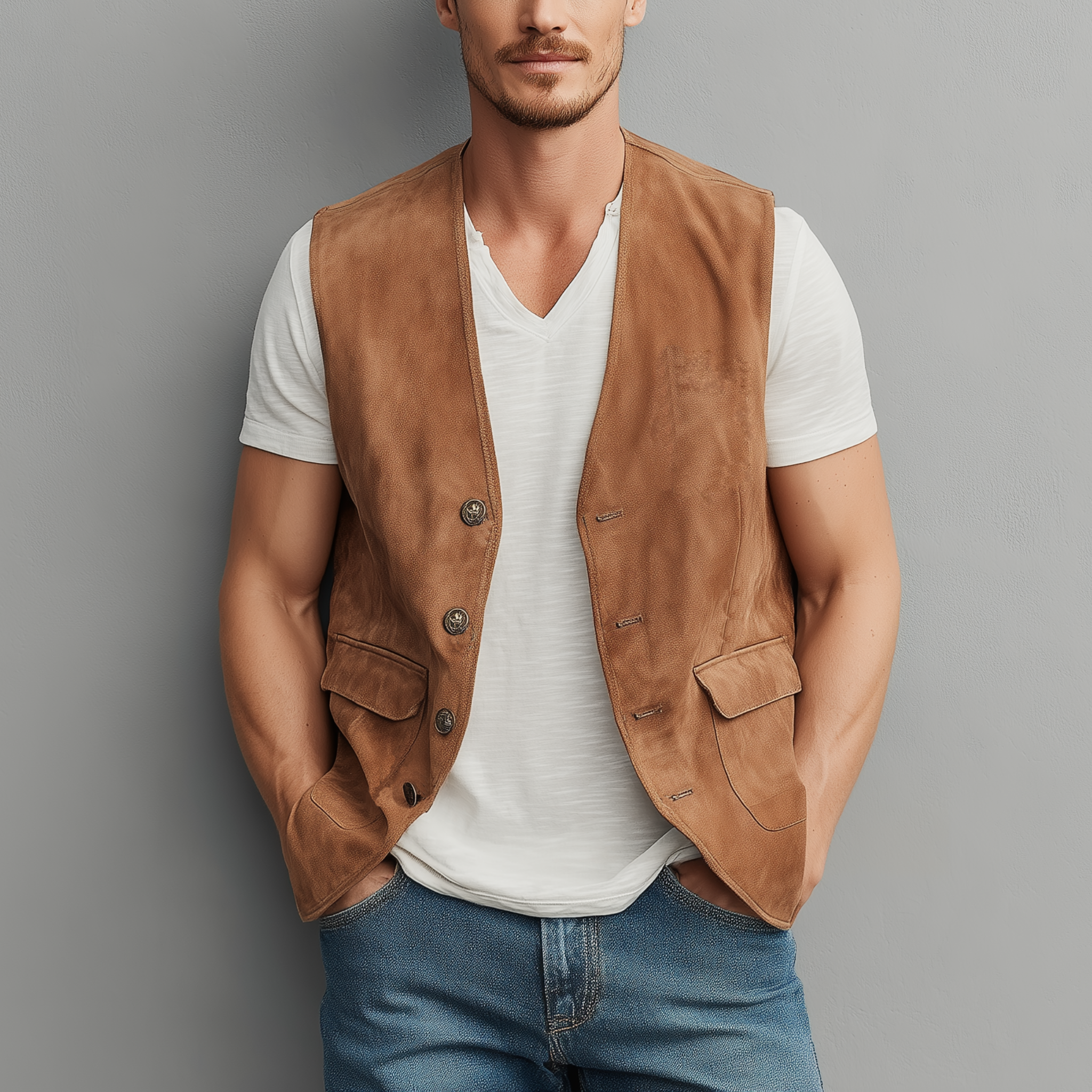 Men's Spring And Summer Casual Thin Suede Metal Button Vest MTA1891G8K