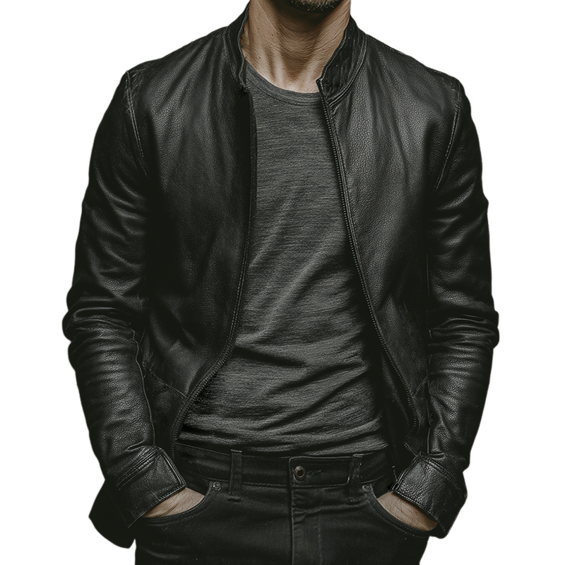 Men's Retro Casual PU Stand Collar Zipper Leather Jacket MTA2750K3TO