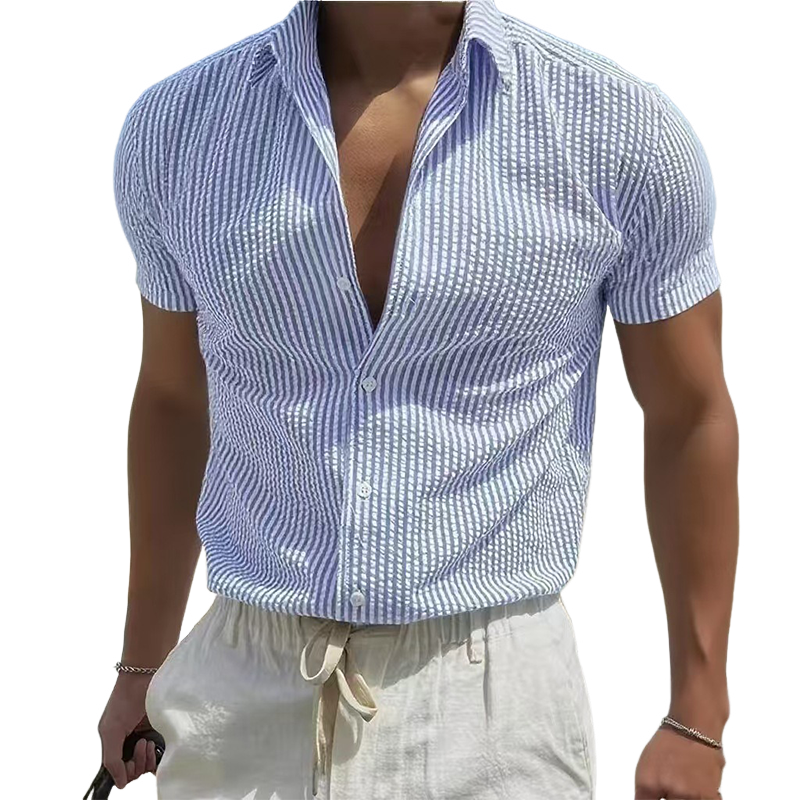 Men's Stripe Print Casual Lapel Short Sleeve Shirt MTA0440H6X