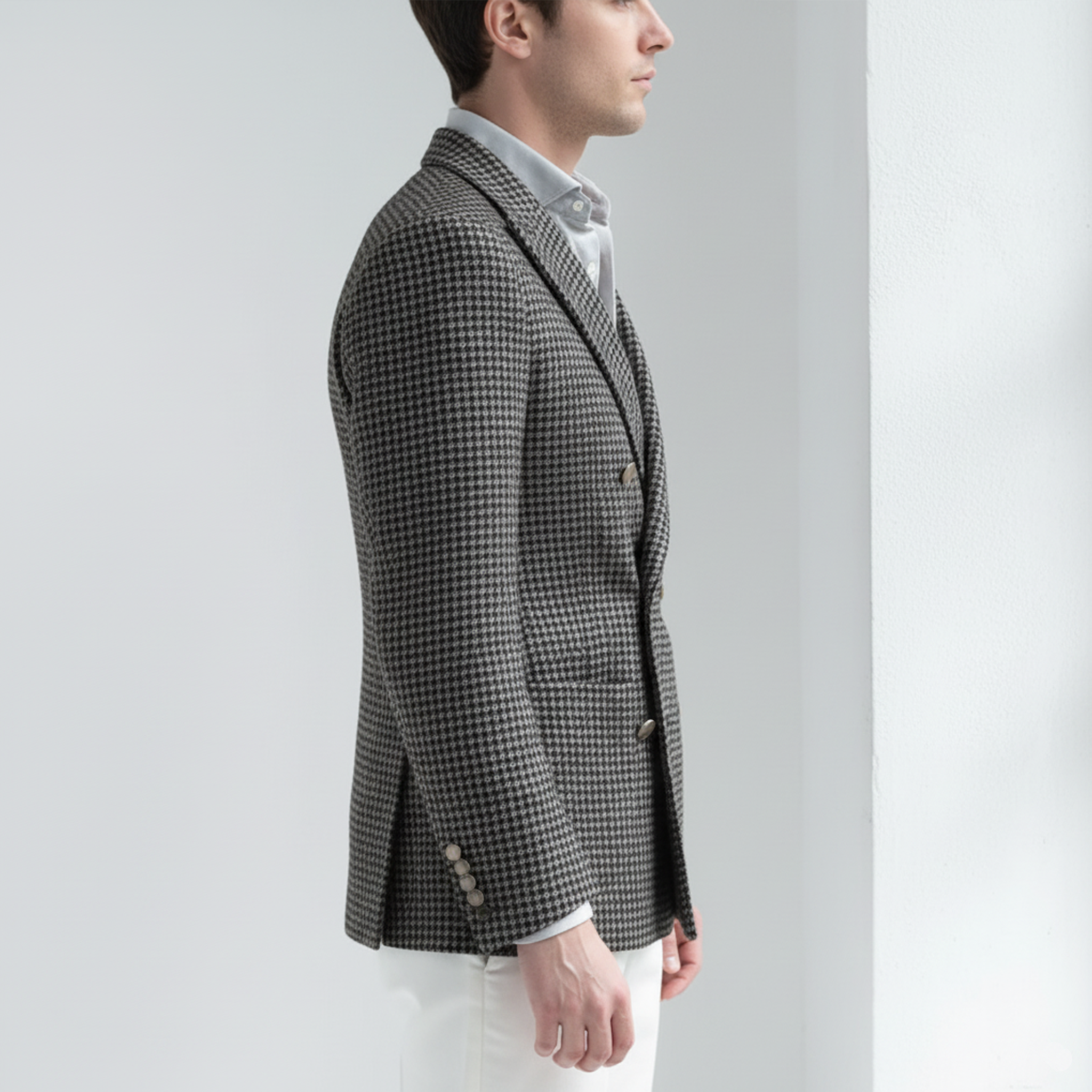 Men's Classic Retro Light Business Faux Small Houndstooth Wool Double-breasted Blazer MTA2584I0K