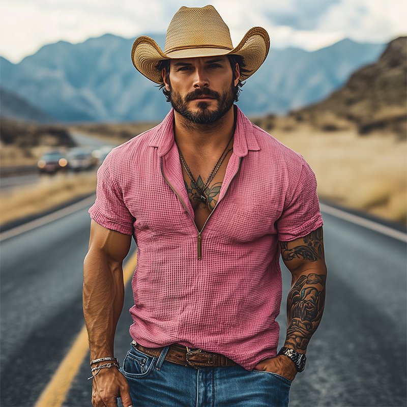 Men's Casual Classic American Western Tough Guy Style Waffle V-neck Zipper Slim Short-sleeved T-shirt MTA2869E9K