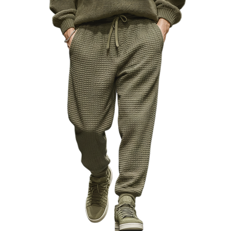 Men's Casual Solid Color Waffle Texture Lace-Up Elastic Waist Sports Pants MTA2730J1U