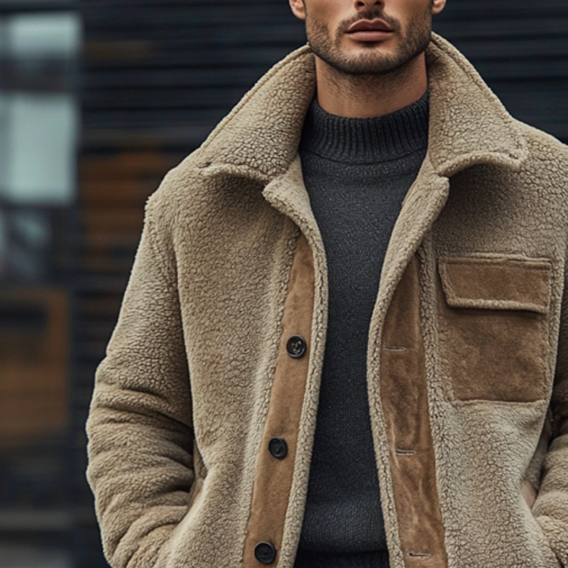 Men's Polar Fleece Panel Lapel Single-breasted Jacket MTA0908I3X