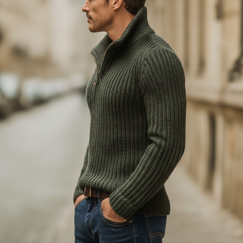 Men's Classic Army Green Striped Quarter-zip Stand Collar Slim-fit Sweater MTA0150K8U