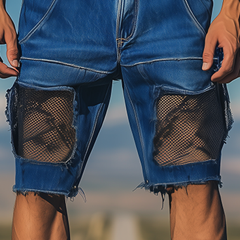 Men's Spring And Summer Fashion Casual Denim Washed Splicing Mesh Shorts MTA2733F4K