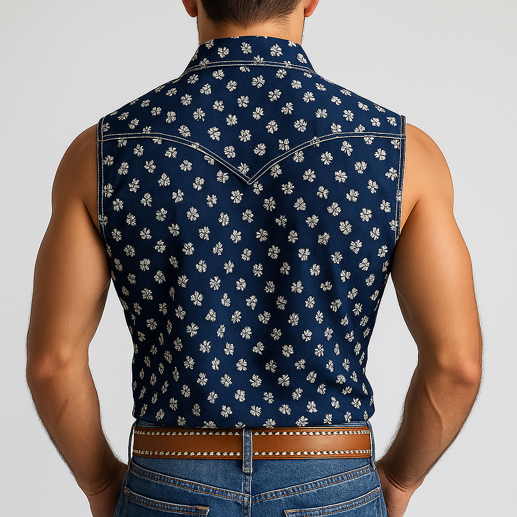 Men's Summer Western Cowboy Style Hot Stamped Sleeveless Denim Shirt MTA1418E2P