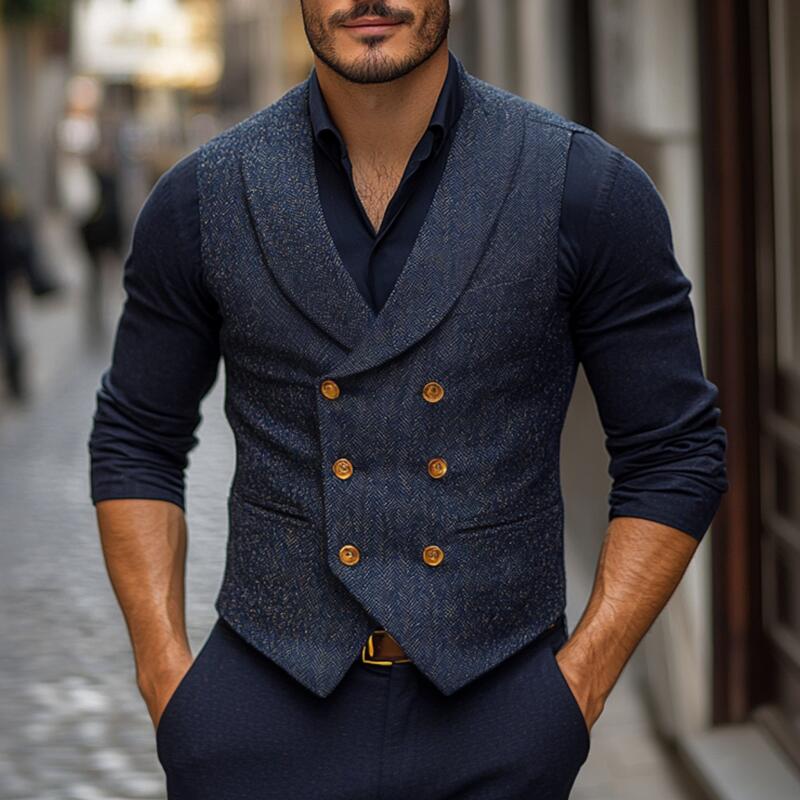 Men's Vintage Wool Blend Herringbone Shawl Collar Double-Breasted Slim-Fit Suit Vest MTA2754H1M