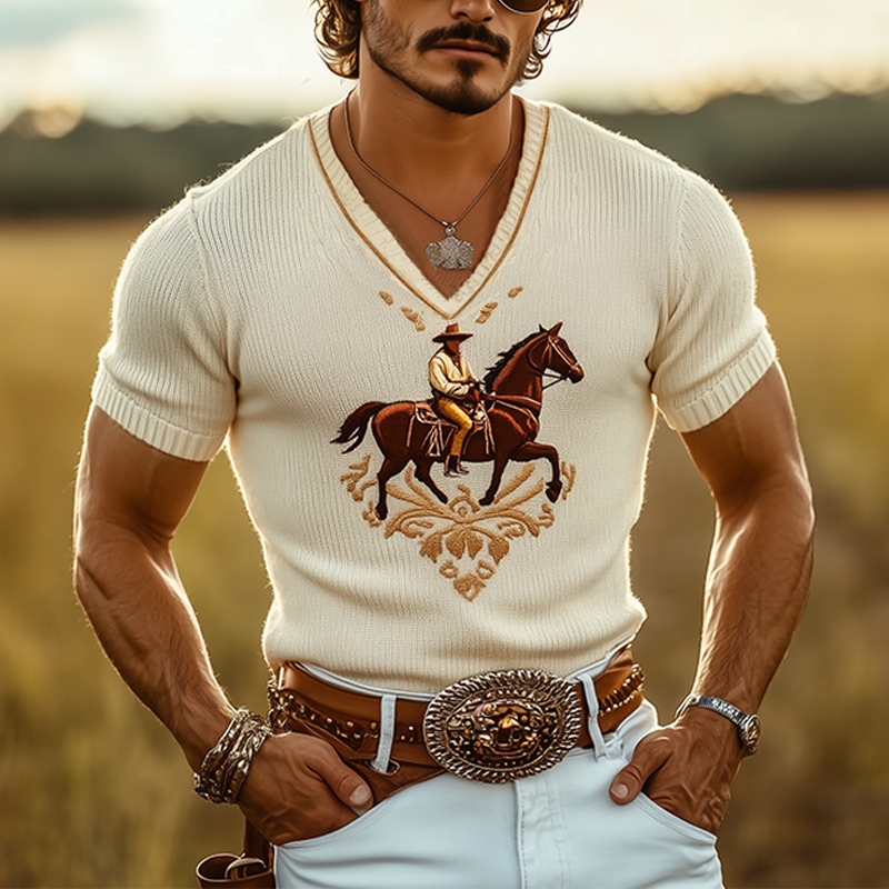Men's Spring And Summer Fashion Casual Western Cowboy Style Thin V-neck Knitted Embroidered Short-sleeved T-shirt MTA1541E3K