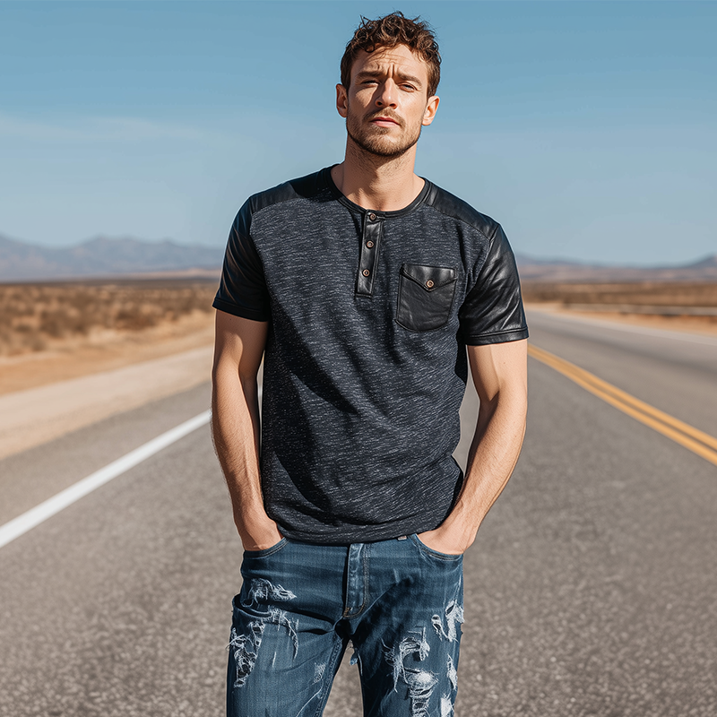 Men's Classic Casual Cotton Blend Splicing PU Leather Henley Collar Short Sleeve T-Shirt MTA0346G1K
