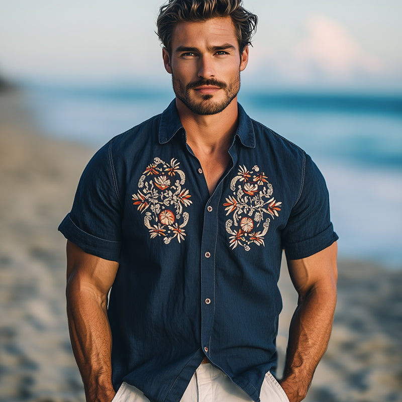 Men's Summer Retro Embroidered Lapel Short Sleeve Shirt MTA2243E8U