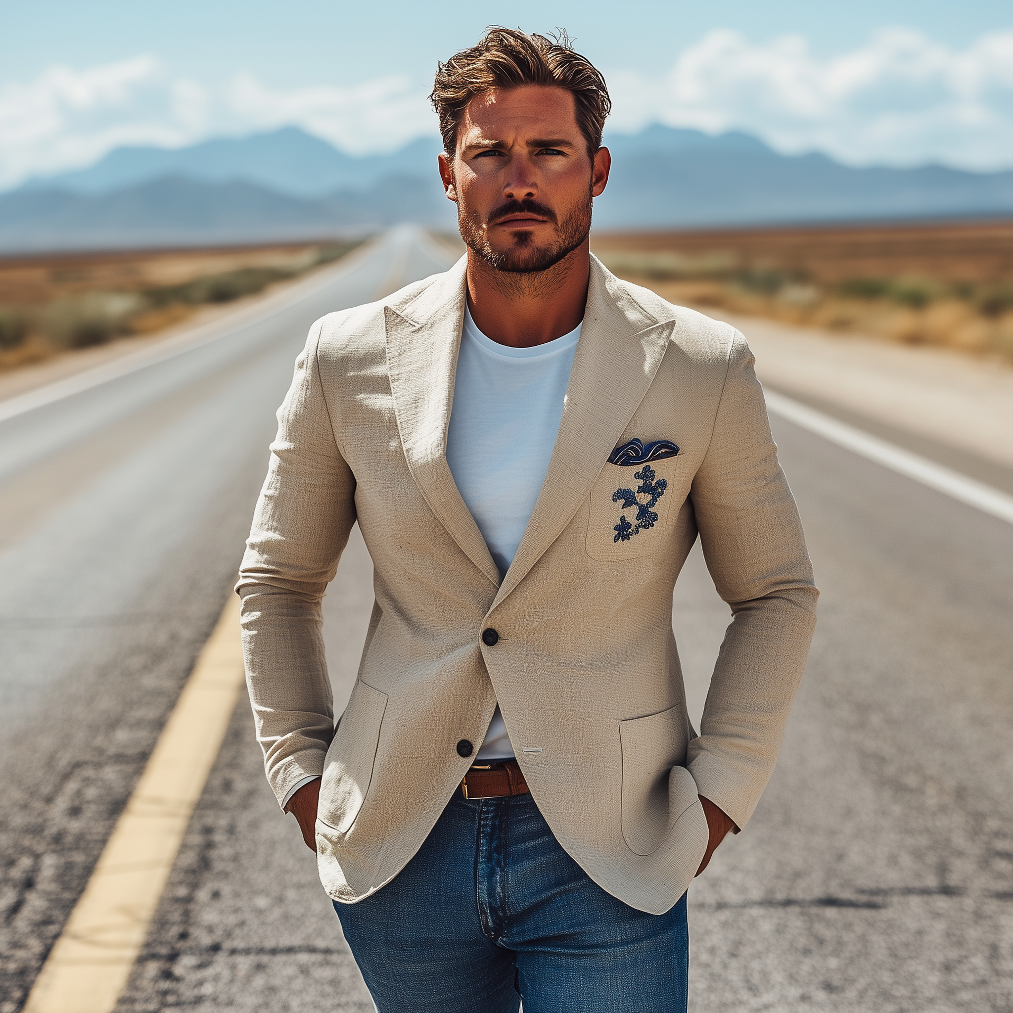 Men's Classic Casual Cotton And Linen Chest Patch Pocket Embroidery Single-breasted Slim-fit Blazer MTA1923G4K