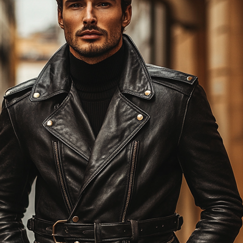 Men's Solid Color Retro Lapel PU Leather Jacket (with Belt) MTA2622I2X