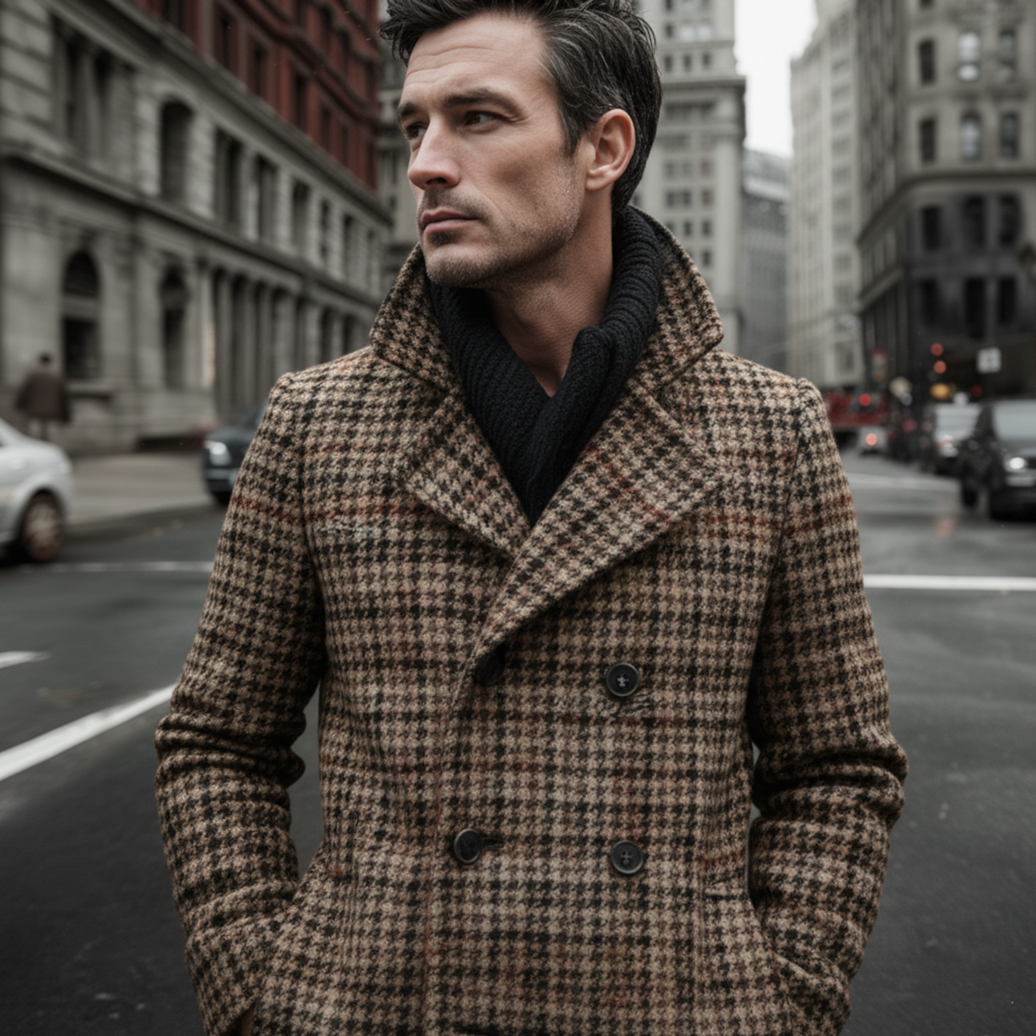 Men's Classic Vintage Faux Houndstooth Wool Double-breasted Knee-length Coat MTA2561I0K