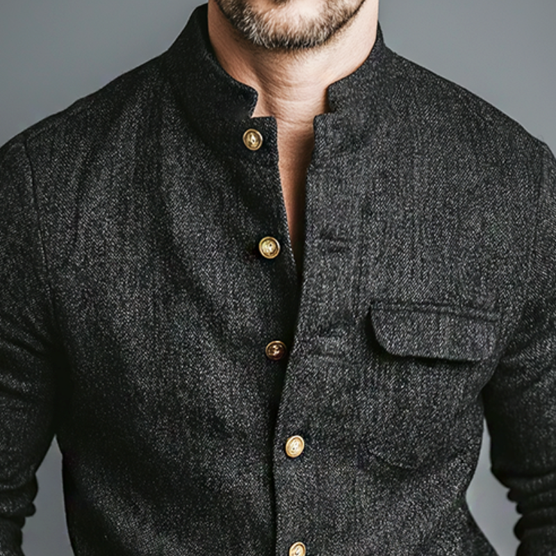 Men's Retro Casual Stand Collar Metal Button Long Sleeve Shirt MTA2435J8TO