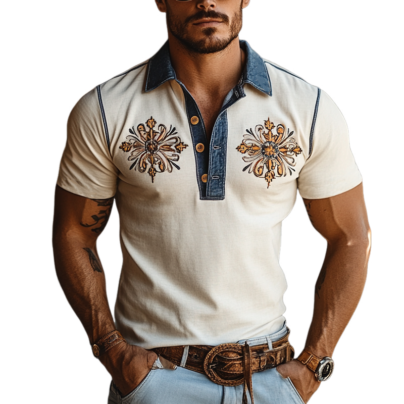 Herrepoloskjorte med smal passform og korte ermer, vestlig stil, brodert søm, imitert denim, MTA0961F2Y