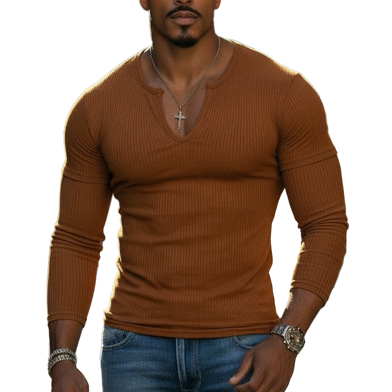 Men's Spring Fashion Ribbed Cotton Blend V-neck Slim-fit Long-sleeved T-shirt MTZ0730A9P