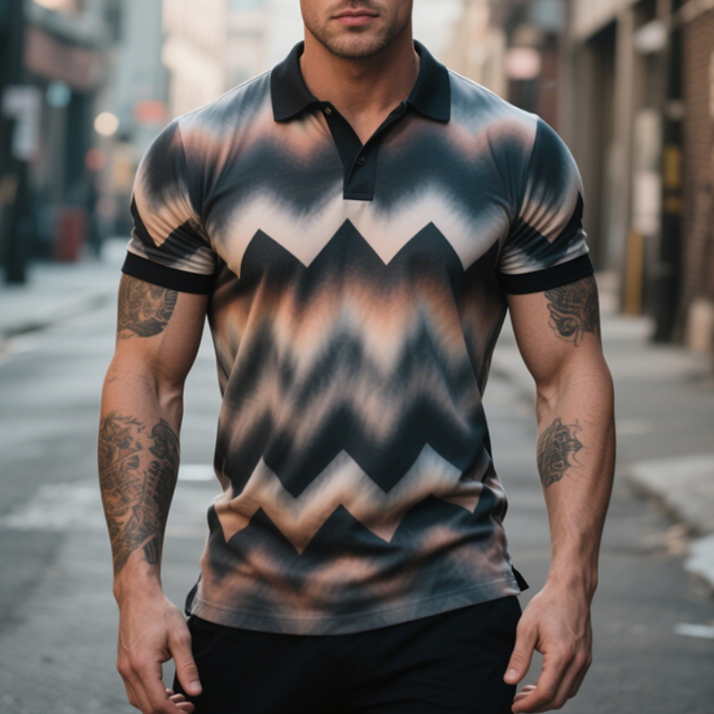 Men's Retro Casual Zigzag Gradient Print Short-Sleeved Polo Shirt MTA2010E9TO